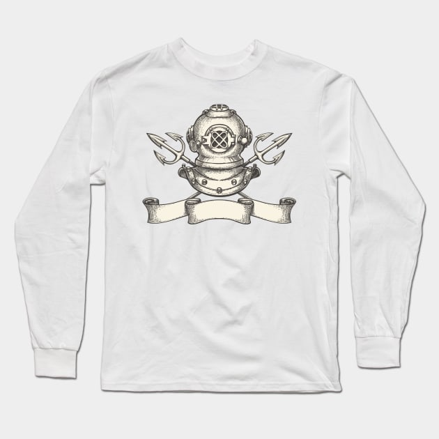 Diving helmet with tridents and ribbon Long Sleeve T-Shirt by devaleta